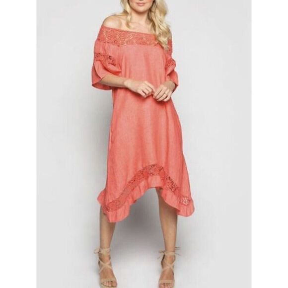 ADRIFT Womens Linen Ruffle-Trim Dress NEW Lace Detail Melon COLBIE Beach Small S - Picture 1 of 10